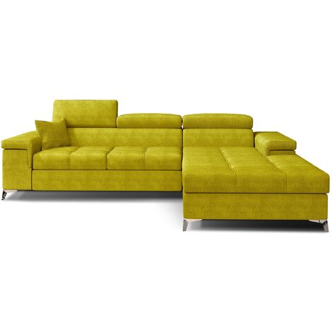 Canapé d'angle convertible tissu appuis-tête réglables RIKARO - Coffre et pieds acier chromé-Jaune olive-angle droit
