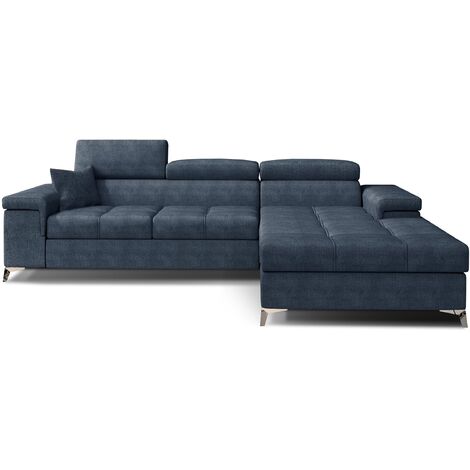 Canapé d'angle convertible tissu appuis-tête réglables RIKARO - Coffre et pieds acier chromé-Bleu foncé-angle droit