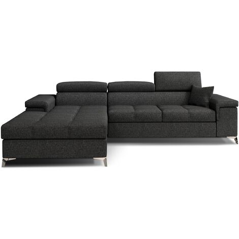 Canapé d'angle convertible tissu appuis-tête réglables RIKARO - Coffre et pieds acier chromé-Gris foncé-angle gauche
