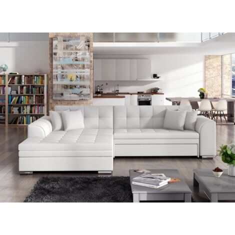 Les Tendances – Canapé d'angle gauche convertible 5 places simili cuir blanc – Pieds en métal chromé – Surface de couchage 210x127 cm – Confort optimal (1/5)