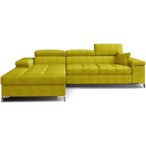 Canapé d'angle convertible tissu appuis-tête réglables RIKARO - Coffre et pieds acier chromé-Jaune olive-angle gauche