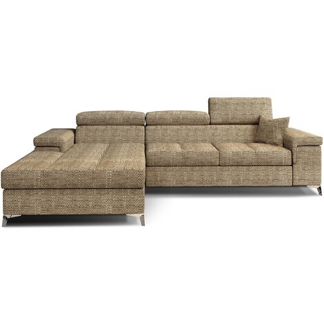 Canapé d'angle convertible tissu appuis-tête réglables RIKARO - Coffre et pieds acier chromé-Beige chiné-angle gauche