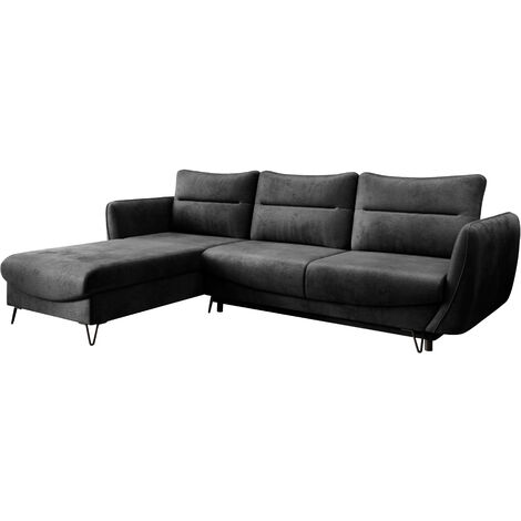 Canapé d'angle convertible velours ZURIK - Coffre de rangement et pieds métal noir angle gauche-Gris anthracite-angle gauche (1/5)