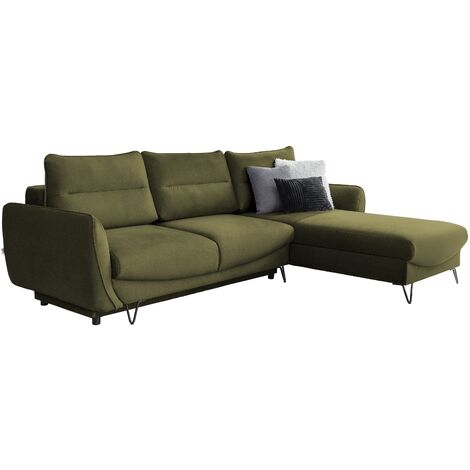Canapé d'angle convertible velours ZURIK - Coffre de rangement et pieds métal noir angle droit-Vert olive-angle droit (1/5)