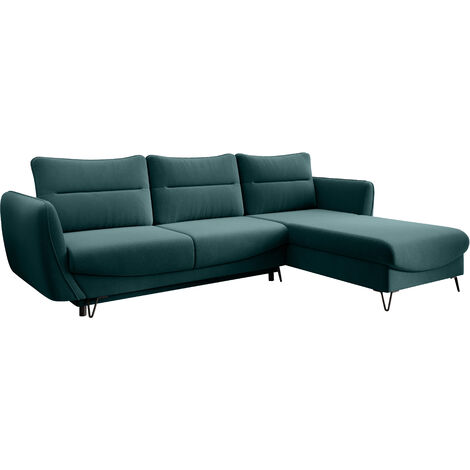 Canapé d'angle convertible velours ZURIK - Coffre de rangement et pieds métal noir angle droit-Vert forêt-angle droit (1/5)