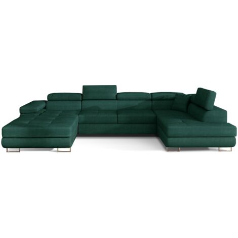Canapé panoramique convertible ROMANO velours - Rangement et appuie-têtes réglables à droite-Vert foncé-Coffre à droite