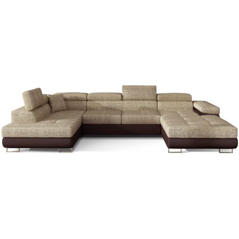 Canapé panoramique convertible ROMANO - Rangement et appuie-têtes réglables à gauche-Marron/Beige chiné-Coffre à gauche