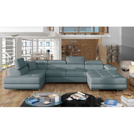 Canapé panoramique convertible ROMANO tissu - Rangement et appuie-têtes réglables à gauche-Bleu clair-Coffre à gauche