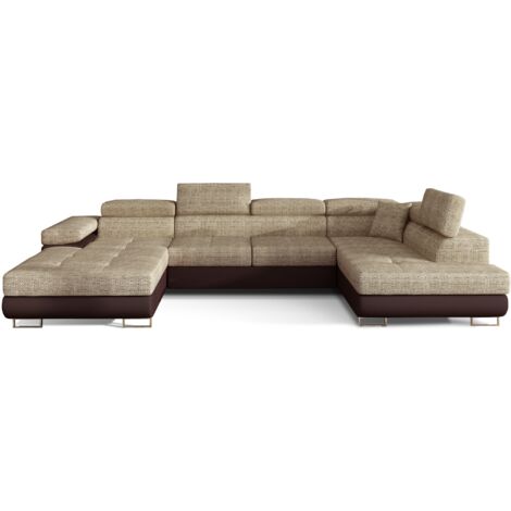 Canapé panoramique convertible ROMANO - Rangement et appuie-têtes réglables à droite-Marron/Beige chiné-Coffre à droite