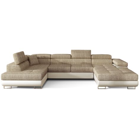Canapé panoramique convertible ROMANO - Rangement et appuie-têtes réglables à gauche-Beige clair/Beige chiné-Coffre à gauche