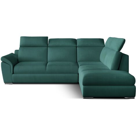 Canapé d'angle convertible en velours KEPITA - Appuis-tête réglables et rangement-Bleu canard-angle droit (1/5)