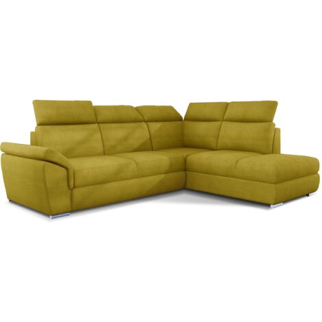 Canapé d'angle convertible en tissu KEPITA - Appuis-tête réglables et rangement-Jaune olive-angle droit (1/5)