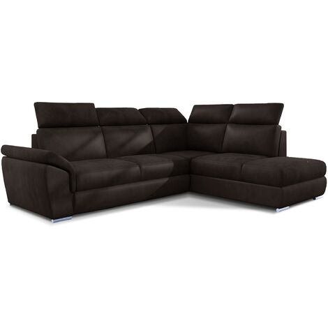 Canapé d'angle convertible en velours KEPITA - Appuis-tête réglables et rangement-Marron-angle droit (1/5)