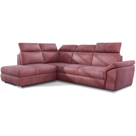Canapé d'angle convertible en velours KEPITA - Appuis-tête réglables et rangement-Rose poudré-angle gauche (1/5)