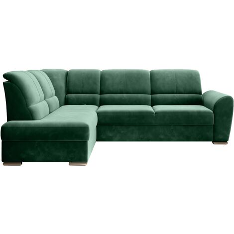 Canapé angle gauche convertible tissu vert foncé et pieds acier chromé Zabor 270cm (1/5)