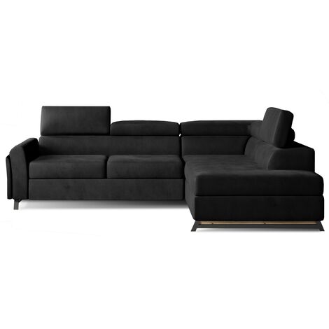 Canapé angle droit convertible velours noir avec têtières réglables Nikos 265cm (1/5)