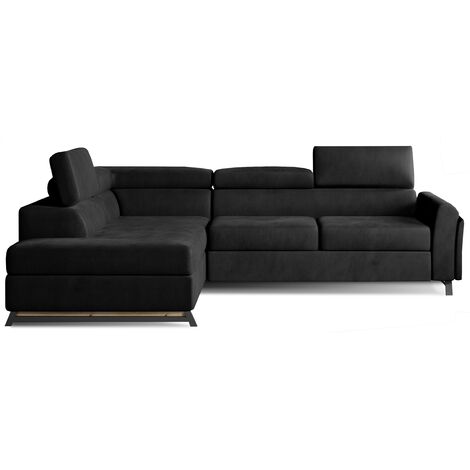 Canapé angle gauche convertible velours noir avec têtières réglables Nikos 265cm (1/5)