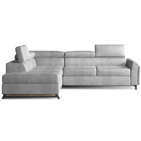 Canapé angle gauche convertible velours gris clair avec têtières réglables Nikos 265cm (1/5)