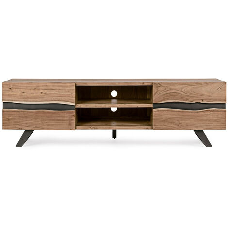 Meuble TV 2 portes bois d'acacia et pieds acier gris Denia 190 cm (1/5)