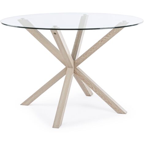 Table à manger ronde verre trempé et acier effet naturel Agno 114 cm (1/5)
