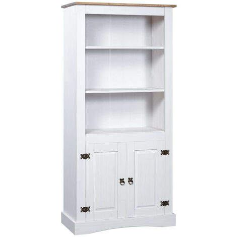 Armoire de rangement 2 portes 3 étagères pin massif blanc et bois clair Harrie (1/5)
