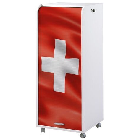 Grand caisson à rideau sur roulettes 3 tiroirs blanc imprimé drapeau Suisse Orga 108cm (1/4)