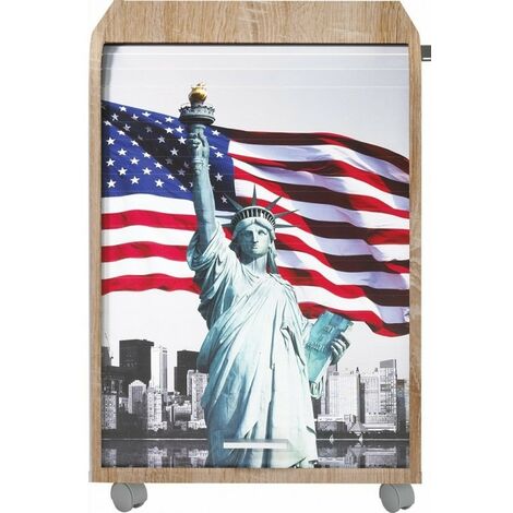Caisson à rideau sur roulettes 2 tiroirs bois clair imprimé statue de la liberté Orga 70cm (1/3)