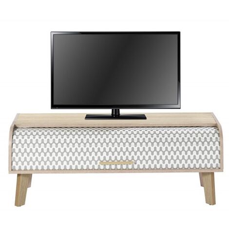 Meuble TV rideau chêne clair et rideau imprimé vagues grises Happy 114cm (1/3)