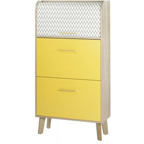 Meuble chaussure à rideau blanc imprimé 2 abattants jaune et pieds naturels 18 paires Hippie (1/3)