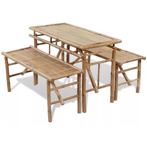 Table rectangulaire et 2 bancs de jardin bambou clair Kyca (1/5)