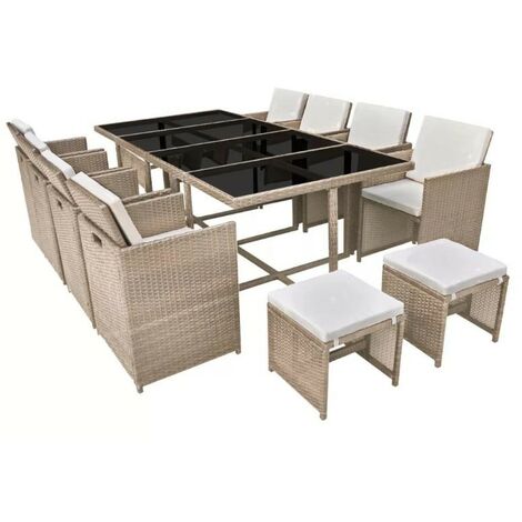 Table rectangulaire et 8 chaises de jardin résine tressée beige Iris (1/5)