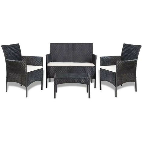 Salon de jardin 4 pièces résine tressée noir coussins blanc Mik (1/5)