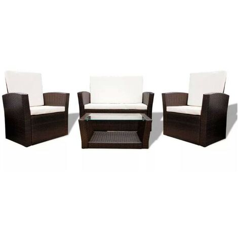 Salon de jardin 4 pièces résine tressée marron et coussins blanc Kim 3 (1/5)