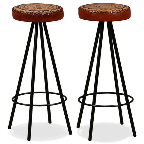 Tabouret cuir marron imprimé et pieds métal noir Eal - Lot de 2 (1/2)
