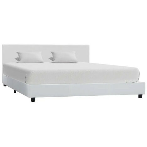 Lit adulte simili cuir blanc et pieds bois massif noir Nyam 180x200 cm (1/5)