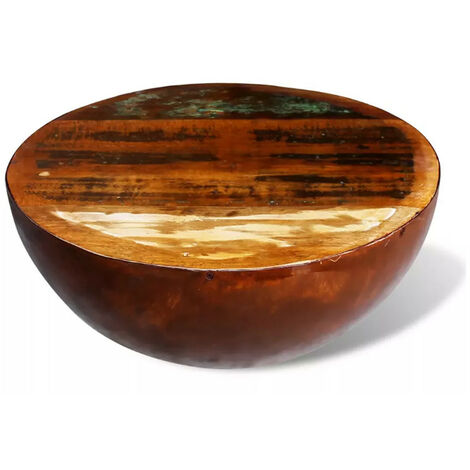 Les Tendances – Table basse ronde en bois massif recyclé – Pieds en métal laqué marron – Design vintage pour intérieur moderne – 90cm de diamètre