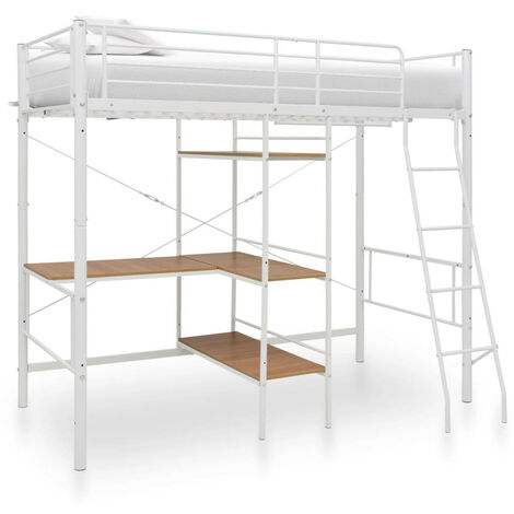 Lit mezzanine rmétal blanc avec bureau bois naturel Kozty 90x200 cm (1/5)