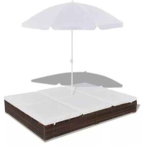 Lit de jardin réglable avec parasol résine tressée marron Uvo (1/5)