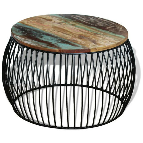 Table basse ronde bois massif recyclé foncé et métal noir Boust (1/3)