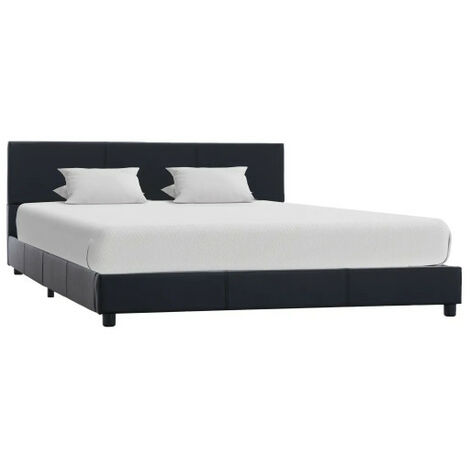 Lit adulte simili cuir noir et pieds bois massif noir Nyam 140x200 cm (1/5)