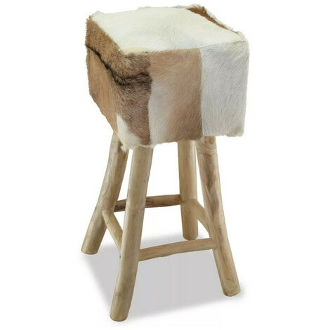 Tabouret cuir et pieds teck massif clair Lafo (1/5)