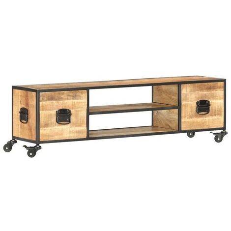 Meuble TV 2 tiroirs manguier massif clair et métal Zekia 130cm (1/4)