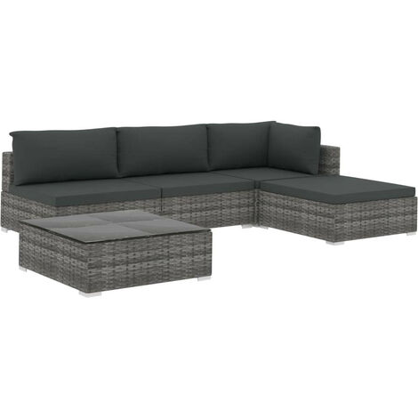 Salon de jardin 5 pcs avec coussins Résine tressée Gris 16 (1/5)