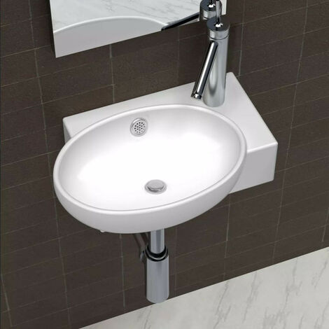 Vasque de salle de bains céramique blanc avec trou de trop-plein (1/5)