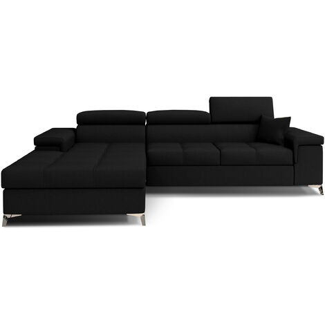 Canapé d'angle convertible tissu appuis-tête réglables RIKARO - Coffre et pieds acier chromé-Noir-angle gauche
