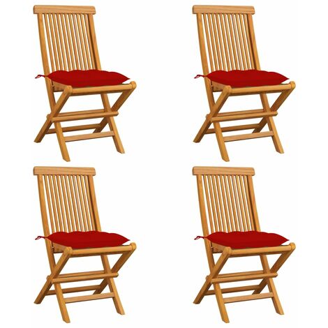 Chaises de jardin avec coussins rouge 4 pcs Bois de teck massif 2 (1/5)