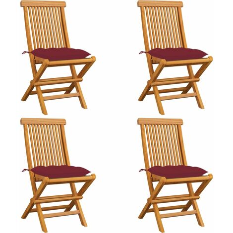 Chaises de jardin avec coussins rouge bordeaux 4pcs Teck massif 4 (1/5)