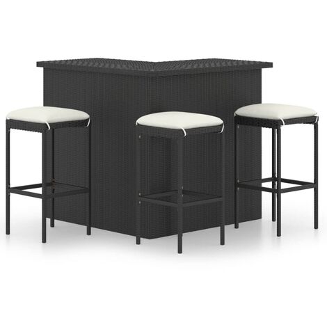 Meuble de bar de jardin 4 pcs avec coussins Résine tressée Noir (1/5)