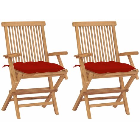 Chaises de jardin avec coussins rouge 2 pcs Bois de teck massif 3 (1/5)
