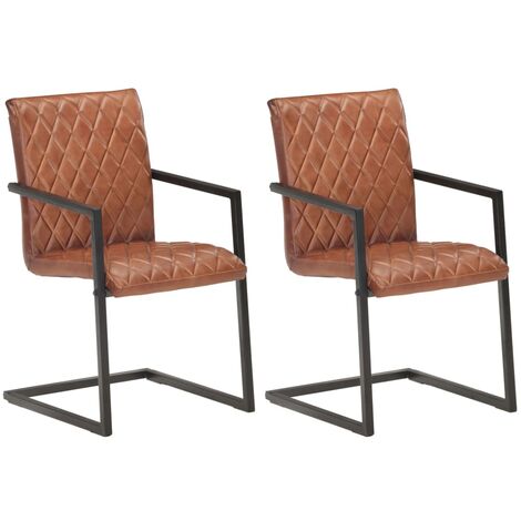Chaises de salle à manger cantilever 2pcs Marron Cuir véritable (1/5)
